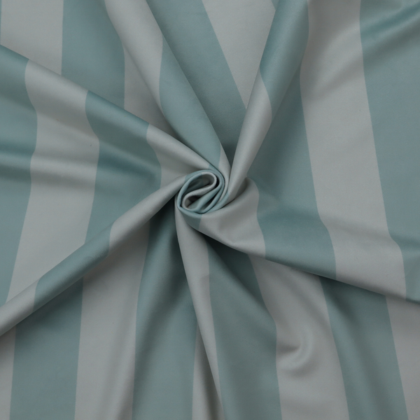 A vertically striped fabric pattern featuring alternating bands of soft blue-green or teal and white.