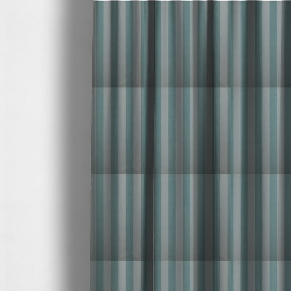 The fabric used to create these made-to-measure curtains is a vertically striped fabric pattern featuring alternating bands of soft blue-green or teal and white.