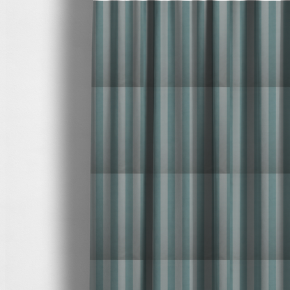 The fabric used to create these made-to-measure curtains is a vertically striped fabric pattern featuring alternating bands of soft blue-green or teal and white.