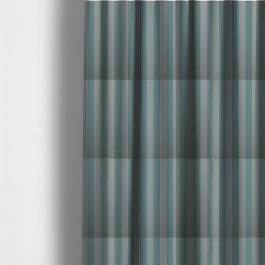 The fabric used to create these made-to-measure curtains is a vertically striped fabric pattern featuring alternating bands of soft blue-green or teal and white.