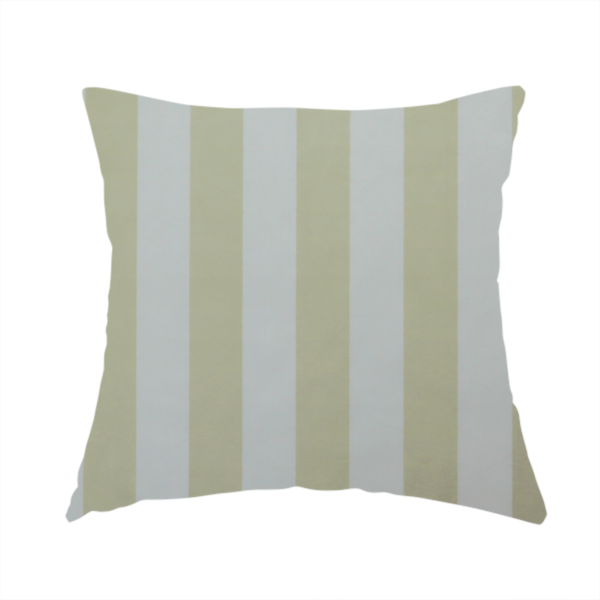 The fabric used to create this handmade cushion is a vertically striped fabric pattern featuring alternating bands of soft sage green or cream and white.