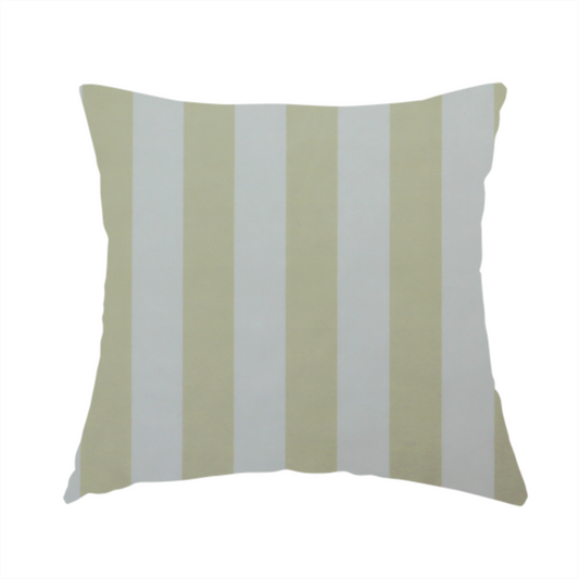 The fabric used to create this handmade cushion is a vertically striped fabric pattern featuring alternating bands of soft sage green or cream and white.