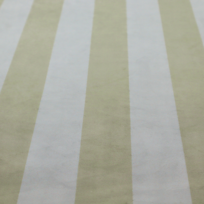 A vertically striped fabric pattern featuring alternating bands of soft sage green or cream and white.