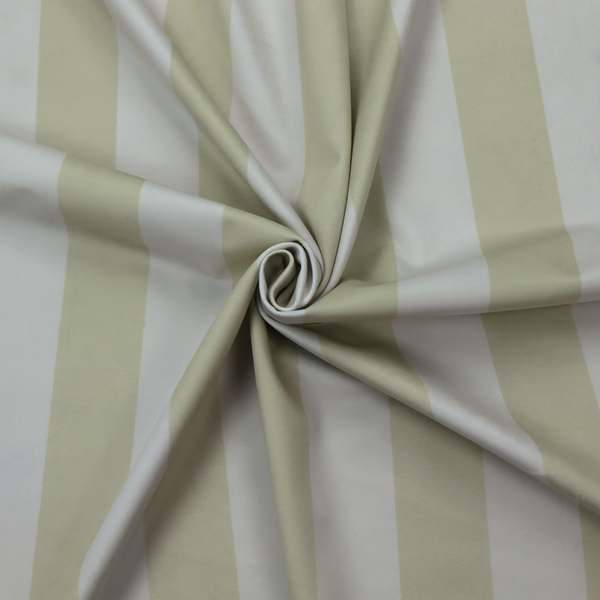 A vertically striped fabric pattern featuring alternating bands of soft sage green or cream and white.
