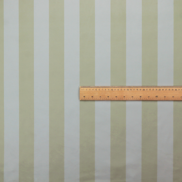A vertically striped fabric pattern featuring alternating bands of soft sage green or cream and white.