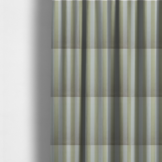 The fabric used to create these made-to-measure curtains is a vertically striped fabric pattern featuring alternating bands of soft sage green or cream and white.