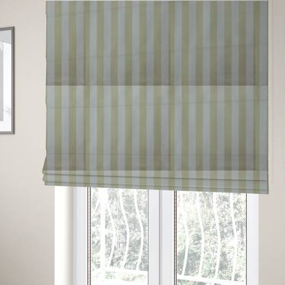 The fabric used to create these Roman blinds is a vertically striped fabric pattern featuring alternating bands of soft sage green or cream and white.