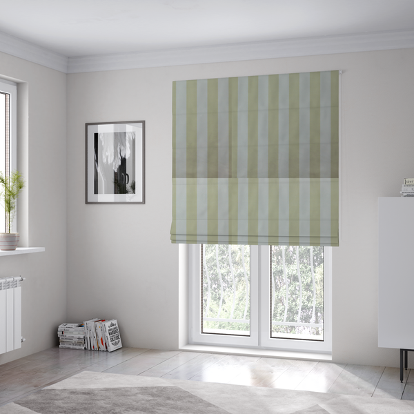 The fabric used to create these Roman blinds is a vertically striped fabric pattern featuring alternating bands of soft sage green or cream and white.