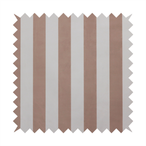A vertically striped fabric pattern featuring alternating bands of taupe or beige and white