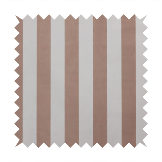 A vertically striped fabric pattern featuring alternating bands of taupe or beige and white