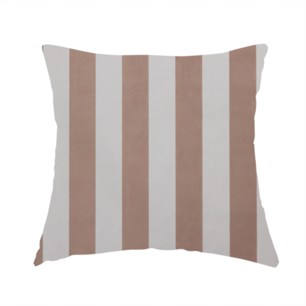 the fabric used to create this handmade cushion is a vertically striped fabric pattern featuring alternating bands of taupe or beige and white