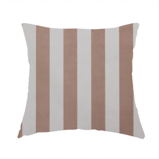 the fabric used to create this handmade cushion is a vertically striped fabric pattern featuring alternating bands of taupe or beige and white