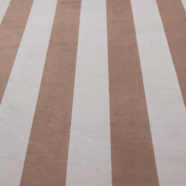 A vertically striped fabric pattern featuring alternating bands of taupe or beige and white