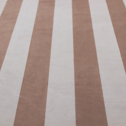 A vertically striped fabric pattern featuring alternating bands of taupe or beige and white