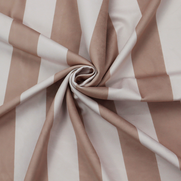 A vertically striped fabric pattern featuring alternating bands of taupe or beige and white