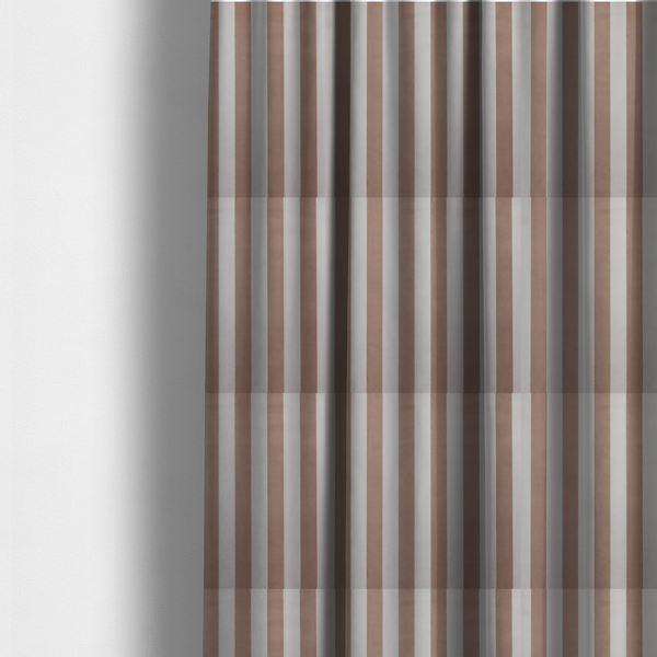 The fabric used to create these made-to-measure curtains is a vertically striped fabric pattern featuring alternating bands of taupe or beige and white