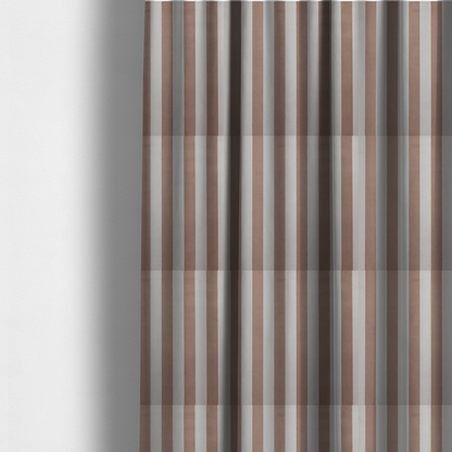 The fabric used to create these made-to-measure curtains is a vertically striped fabric pattern featuring alternating bands of taupe or beige and white