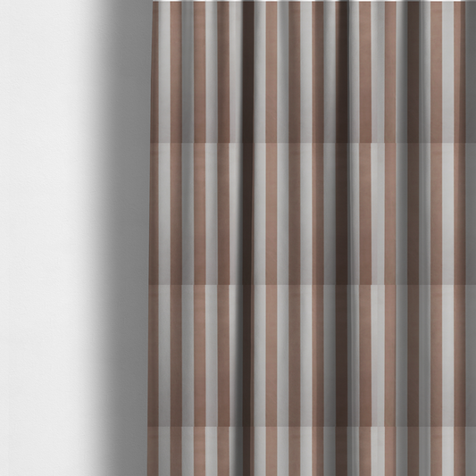 The fabric used to create these made-to-measure curtains is a vertically striped fabric pattern featuring alternating bands of taupe or beige and white