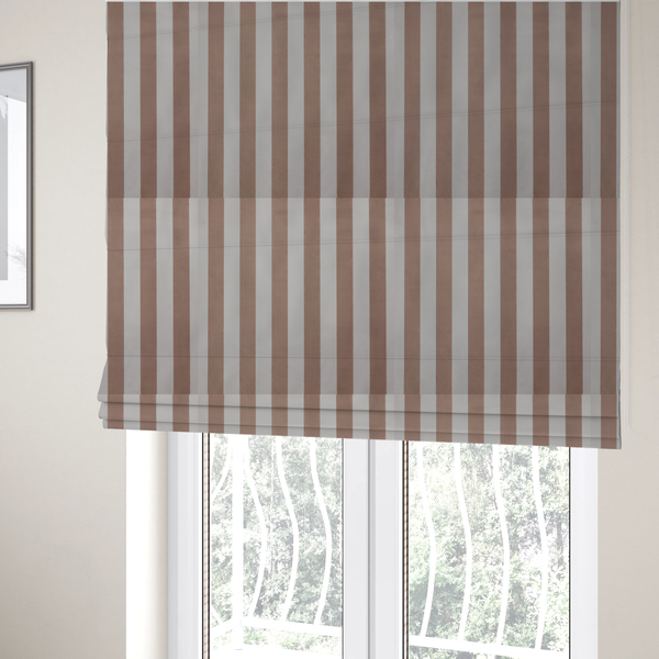 The fabric used to create these Roman blinds is a vertically striped fabric pattern featuring alternating bands of taupe or beige and white