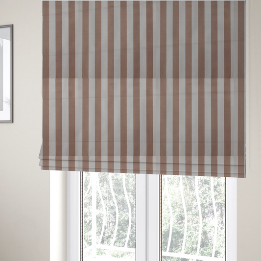 The fabric used to create these Roman blinds is a vertically striped fabric pattern featuring alternating bands of taupe or beige and white
