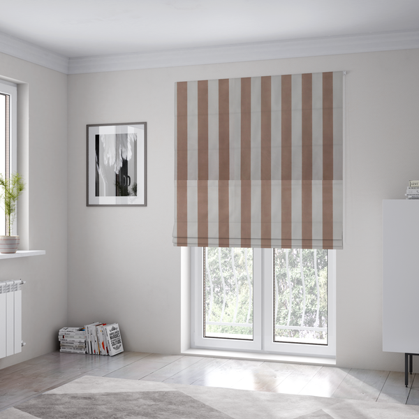 The fabric used to create these Roman blinds is a vertically striped fabric pattern featuring alternating bands of taupe or beige and white