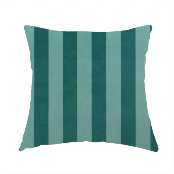 the fabric used to create this handmade cushion is a vertically striped fabric pattern featuring alternating bands of dark teal and a lighter mint green or blue-green tone