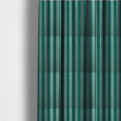 The fabric used to create these made-to-measure curtains is a vertically striped fabric pattern featuring alternating bands of dark teal and a lighter mint green or blue-green tone