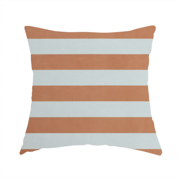 The fabric used to create this handmade cushion is a horizontally striped fabric pattern featuring alternating bands of warm terracotta orange and white.