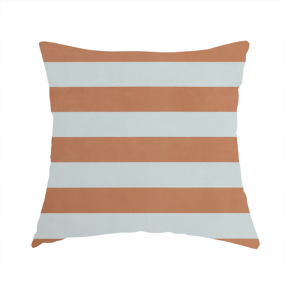 The fabric used to create this handmade cushion is a horizontally striped fabric pattern featuring alternating bands of warm terracotta orange and white.