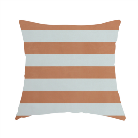 The fabric used to create this handmade cushion is a horizontally striped fabric pattern featuring alternating bands of warm terracotta orange and white.