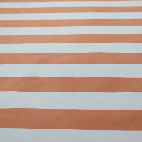 A horizontally striped fabric pattern featuring alternating bands of warm terracotta orange and white.
