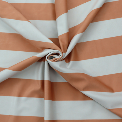 A horizontally striped fabric pattern featuring alternating bands of warm terracotta orange and white.