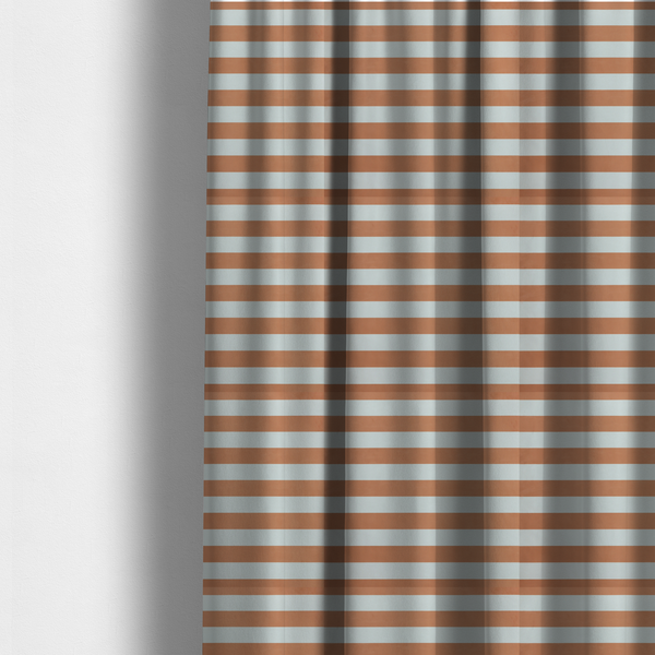 The fabric used to create these made-to-measure curtains is a horizontally striped fabric pattern featuring alternating bands of warm terracotta orange and white.