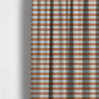 The fabric used to create these made-to-measure curtains is a horizontally striped fabric pattern featuring alternating bands of warm terracotta orange and white.