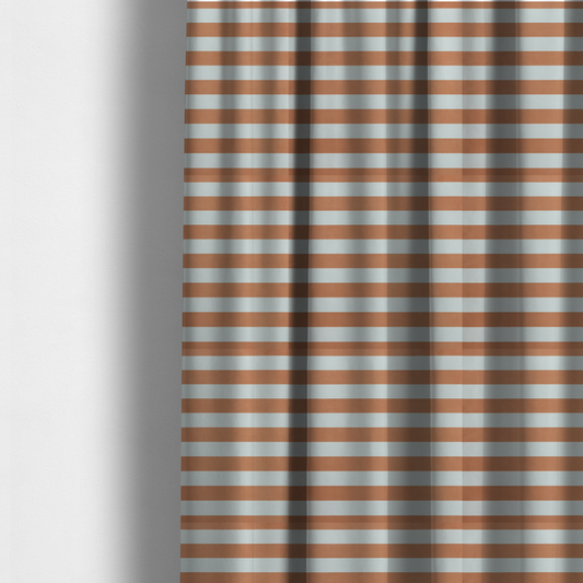 The fabric used to create these made-to-measure curtains is a horizontally striped fabric pattern featuring alternating bands of warm terracotta orange and white.