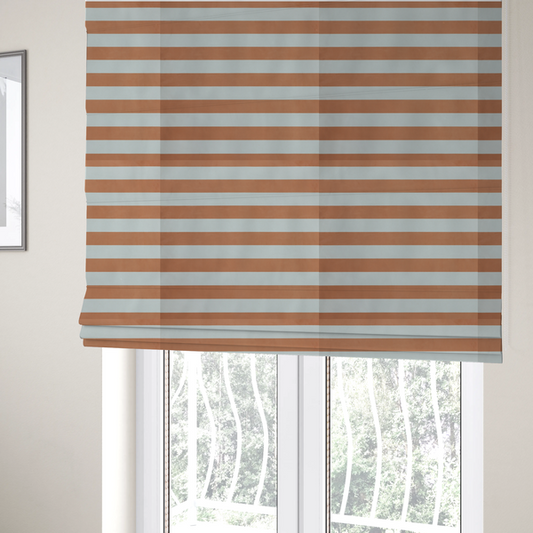 The fabric used to create these Roman blinds is a horizontally striped fabric pattern featuring alternating bands of warm terracotta orange and white.