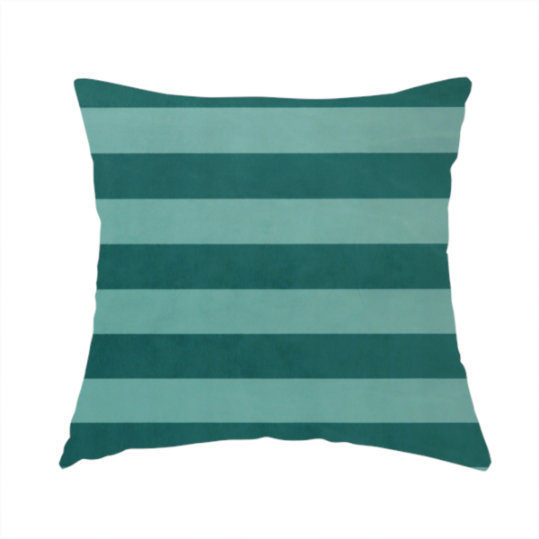 The fabric used to create this handmade cushion is a horizontally striped fabric pattern featuring alternating bands of dark teal and a lighter mint green or blue-green tone.
