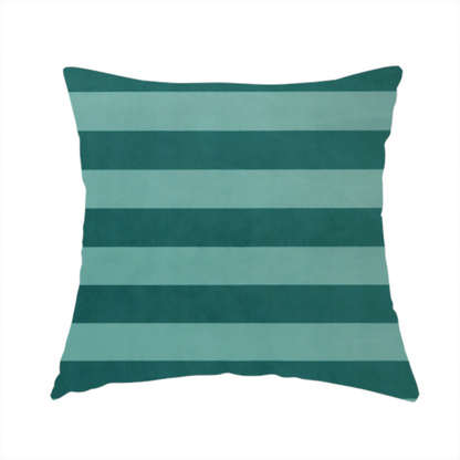 The fabric used to create this handmade cushion is a horizontally striped fabric pattern featuring alternating bands of dark teal and a lighter mint green or blue-green tone.