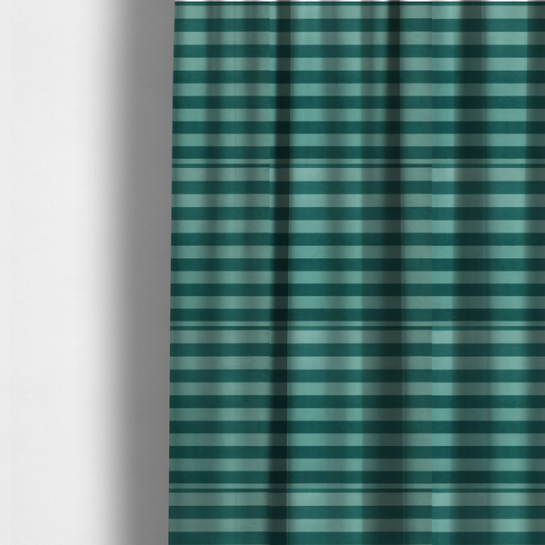 The fabric used to create these made-to-measure curtains is a horizontally striped fabric pattern featuring alternating bands of dark teal and a lighter mint green or blue-green tone.
