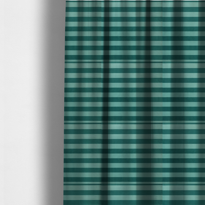 The fabric used to create these made-to-measure curtains is a horizontally striped fabric pattern featuring alternating bands of dark teal and a lighter mint green or blue-green tone.