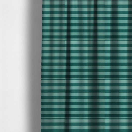 The fabric used to create these made-to-measure curtains is a horizontally striped fabric pattern featuring alternating bands of dark teal and a lighter mint green or blue-green tone.