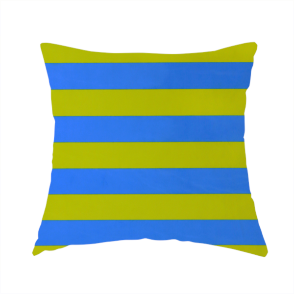 The fabric used to create this handmade cushion is a horizontally striped fabric pattern featuring alternating bands of bright electric blue and yellow-green or lime.