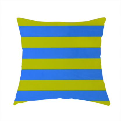 The fabric used to create this handmade cushion is a horizontally striped fabric pattern featuring alternating bands of bright electric blue and yellow-green or lime.