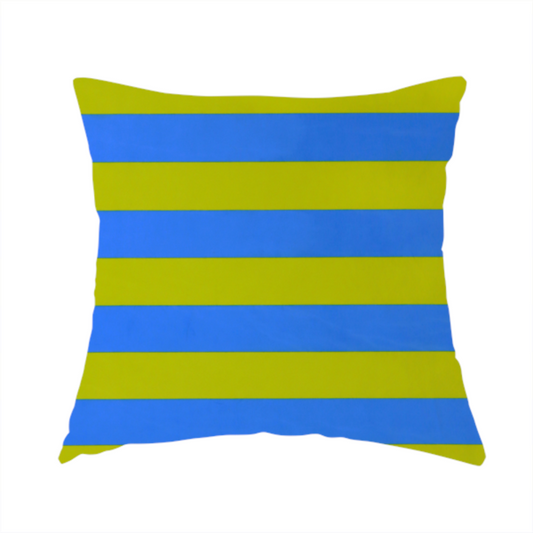 The fabric used to create this handmade cushion is a horizontally striped fabric pattern featuring alternating bands of bright electric blue and yellow-green or lime.