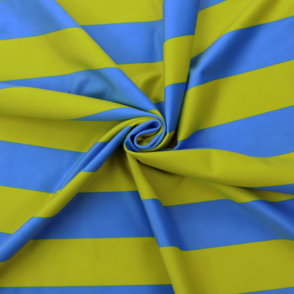 A horizontally striped fabric pattern featuring alternating bands of bright electric blue and yellow-green or lime.