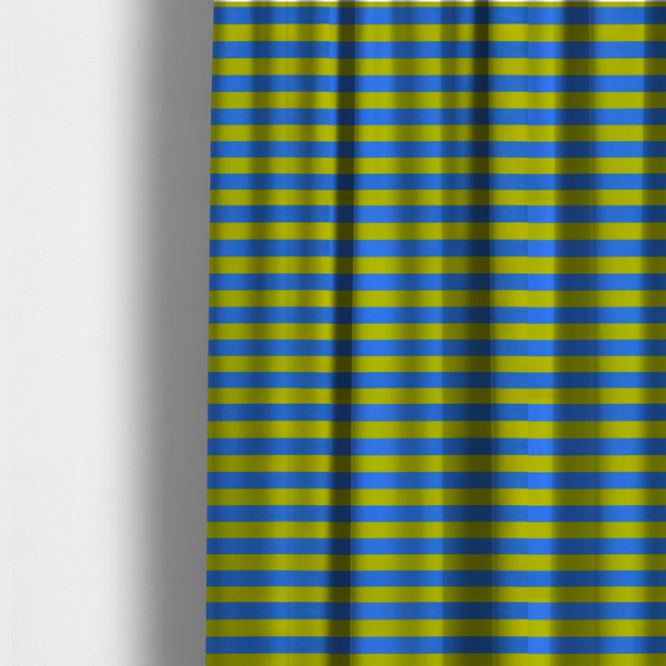 The fabric used to create these made-to-measure curtains is a horizontally striped fabric pattern featuring alternating bands of bright electric blue and yellow-green or lime.