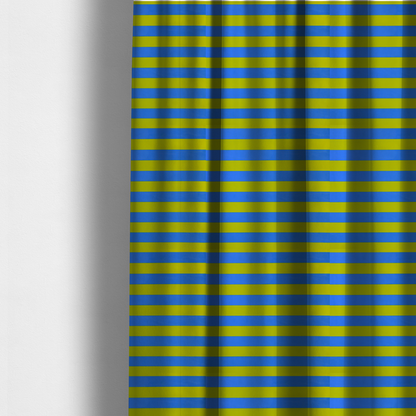 The fabric used to create these made-to-measure curtains is a horizontally striped fabric pattern featuring alternating bands of bright electric blue and yellow-green or lime.