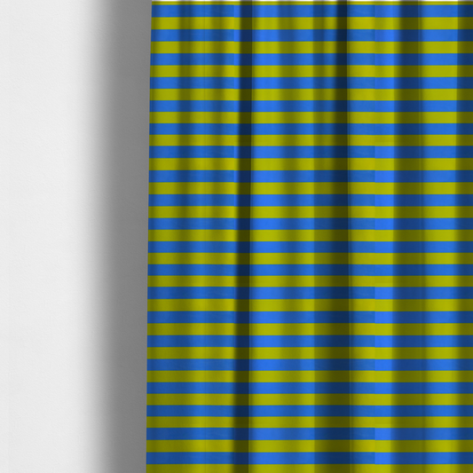 The fabric used to create these made-to-measure curtains is a horizontally striped fabric pattern featuring alternating bands of bright electric blue and yellow-green or lime.