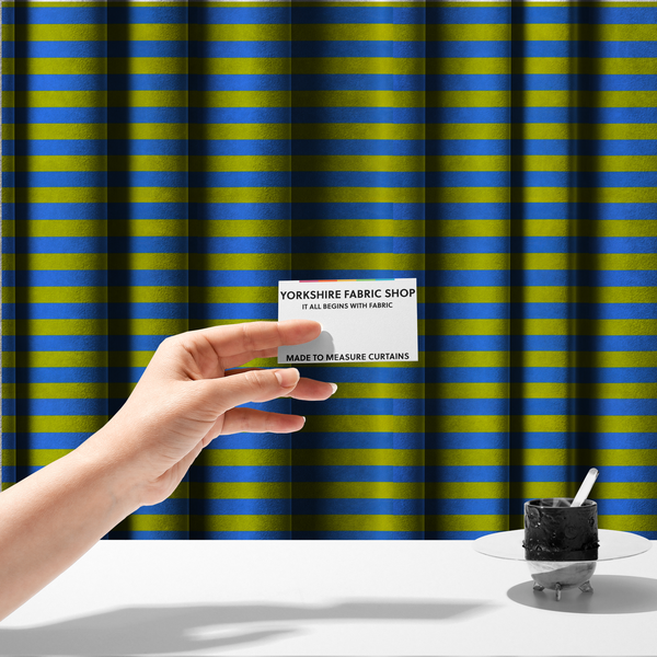 The fabric used to create these made-to-measure curtains is a horizontally striped fabric pattern featuring alternating bands of bright electric blue and yellow-green or lime.