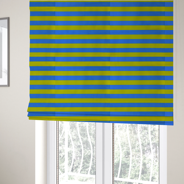 The fabric used to create these Roman blinds is a horizontally striped fabric pattern featuring alternating bands of bright electric blue and yellow-green or lime.
